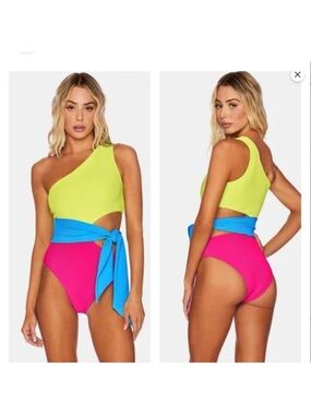 Beach Riot One-Shoulder Colorblock Sexy Swimsuit in Yellow, Pink & Blue